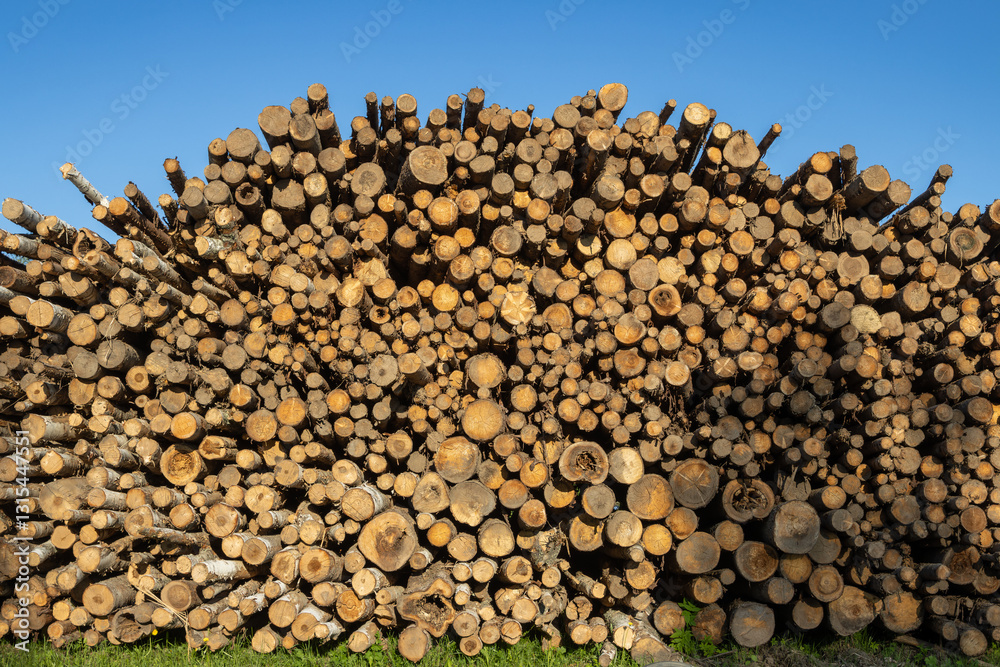 Large stack of logs. Timber warehouse. View of the cut trees from the ends. Logging branch of the forest industry. Timber harvesting in rural areas. Deforestation. Large stack of logs. Timber warehouse. View of the cut trees from the ends. Logging branch of the forest industry. Timber harvesting in rural areas. Deforestation.