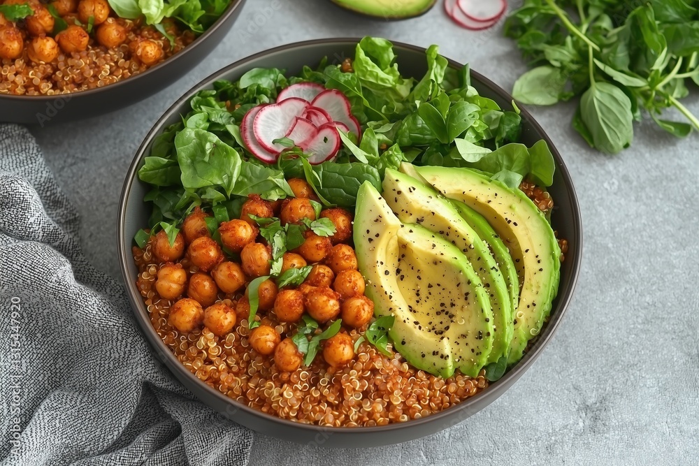 A vibrant quinoa salad with chickpeas, avocado, and fresh greens in a bowl. A vibrant quinoa salad with chickpeas, avocado, and fresh greens in a bowl.