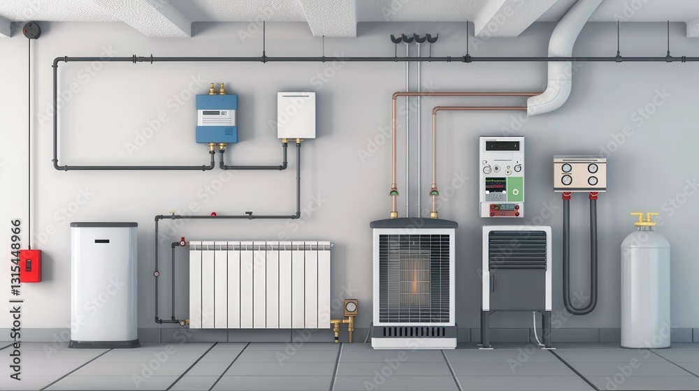 Heating system setup in a basement with gas boiler, radiator, and modern control equipment for efficient home comfort Heating system setup in a basement with gas boiler, radiator, and modern control equipment for efficient home comfort