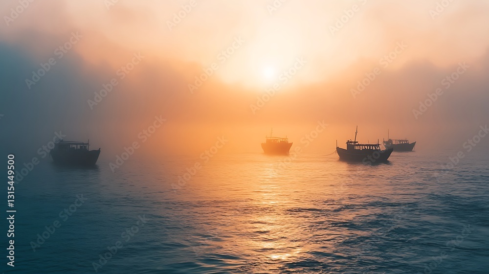 Misty sunrise over calm ocean with several small boats silhouetted against the warm light. Misty sunrise over calm ocean with several small boats silhouetted against the warm light.