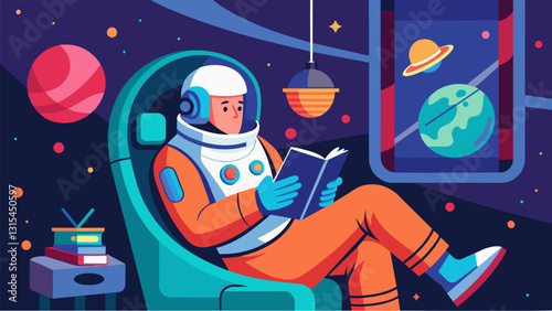 An older astronaut reclining in a futuristic living quarters reading classic literature as they travel through the cosmos.. Vector illustration