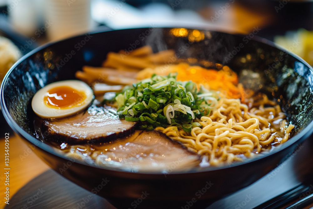 Delicious japanese ramen noodle soup with pork and egg hot eat food meal nori bowl dark tasty lunch Delicious japanese ramen noodle soup with pork and egg hot eat food meal nori bowl dark tasty lunch