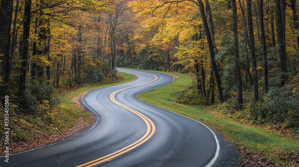Fototapeta premium Scenic winding road through autumn forest trees colorful leaves red fall path trip route curve green