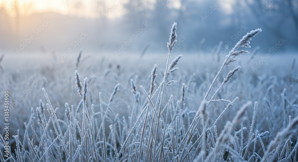 Fototapeta premium Frosty Grass Field at Sunrise Morning Mist Nature Winter Scenery