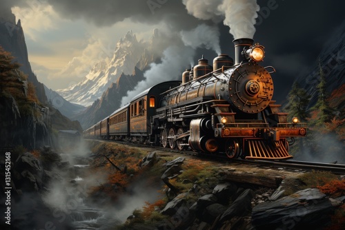 A classic steam locomotive chugging along a mountain track