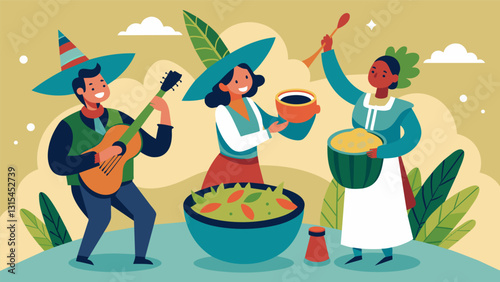 Traditional musicians provided lively entertainment while guests indulged in refreshing bowls of ceviche and creamy guacamole.. Vector illustration