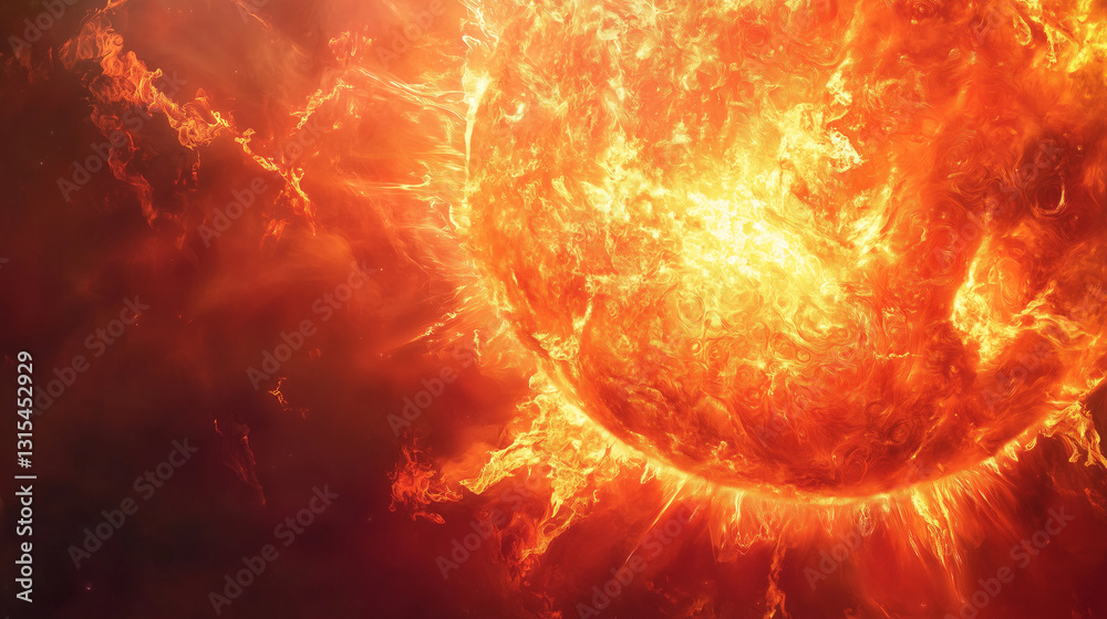 Obraz premium A zoomed-in view of the Sunâs fiery surface, capturing intense solar flares and turbulent plasma eruptions.