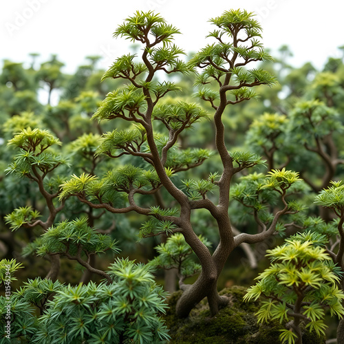 A giant bonsai forest with miniaturized trees, each displaying perfect pinnate leaves