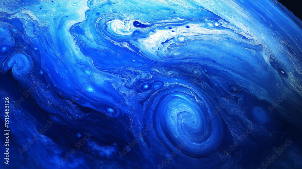 Neptuneâs deep blue atmosphere in close-up, swirling with icy storms and mysterious dark spots. Neptuneâs deep blue atmosphere in close-up, swirling with icy storms and mysterious dark spots.