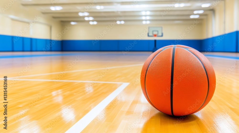 A close-up of a basketball resting on a polished court floor in an empty gymnasium A close-up of a basketball resting on a polished court floor in an empty gymnasium