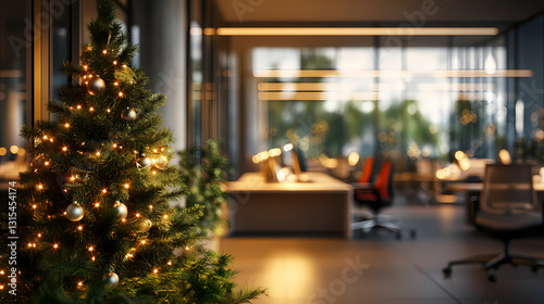 Christmas tree in modern office with decorations and lights blurred festive workspace concept. Harmonious - Garden. Illustration