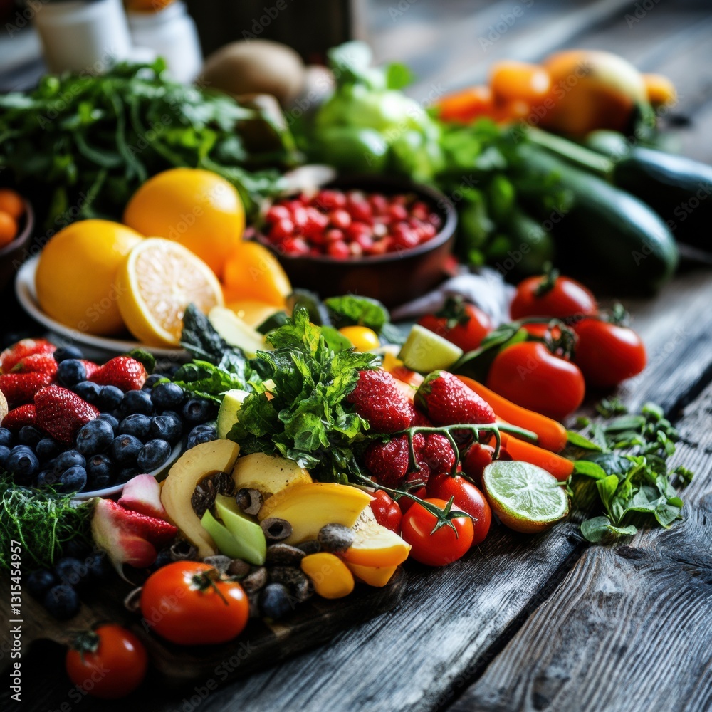 Fresh and vibrant assortment of fruits and vegetables arranged on a rustic wooden table Fresh and vibrant assortment of fruits and vegetables arranged on a rustic wooden table