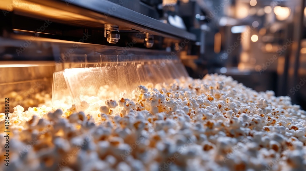 Popcorn Production Line: Close-up of Freshly Made Popcorn Flowing from a Machine Popcorn Production Line: Close-up of Freshly Made Popcorn Flowing from a Machine