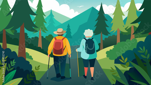 A view from behind of the backs of seniors in hiking gear making their way through a dense forest.. Vector illustration