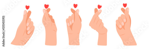 Hand showing heart symbol with fingers. Korean heart gesture set. Heart finger symbol, popular Korean heart shaped gesture to express love and affection. Vector.