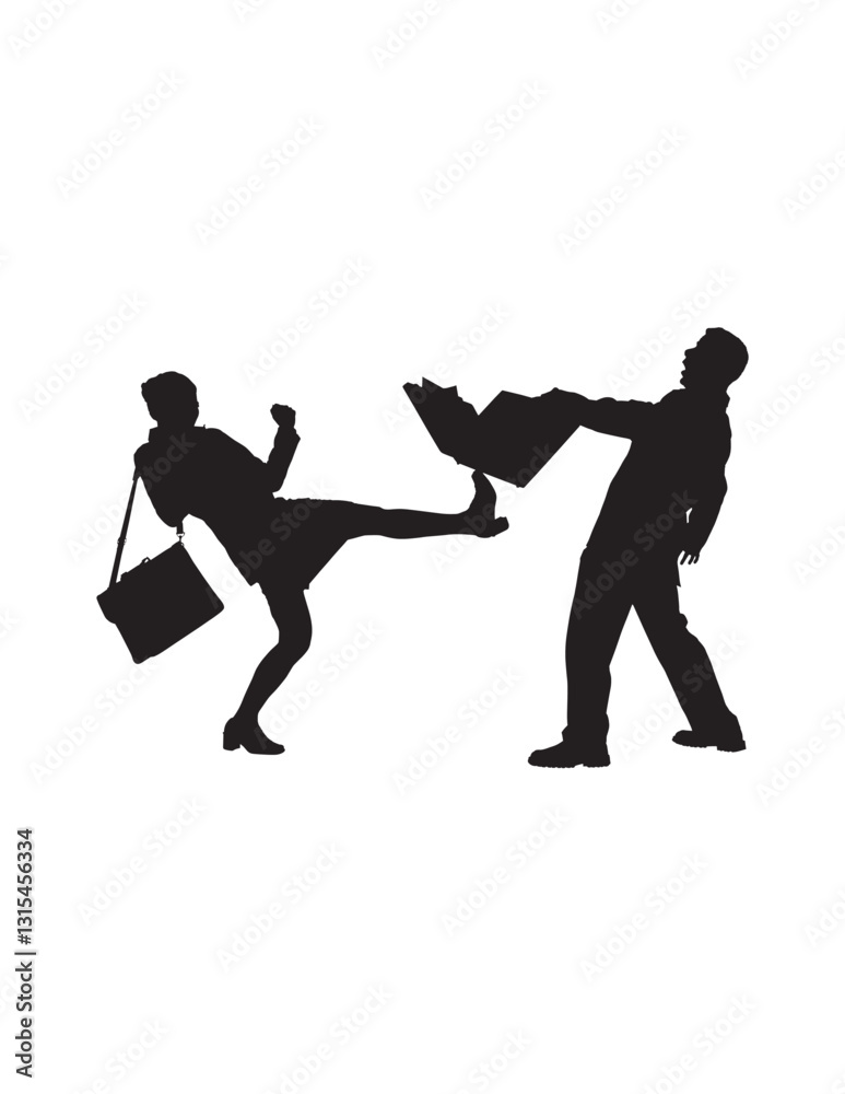 Silhouette-style illustration depicts a dramatic scene where a woman is kicking a man, causing his briefcase or papers to fly out of his hands.