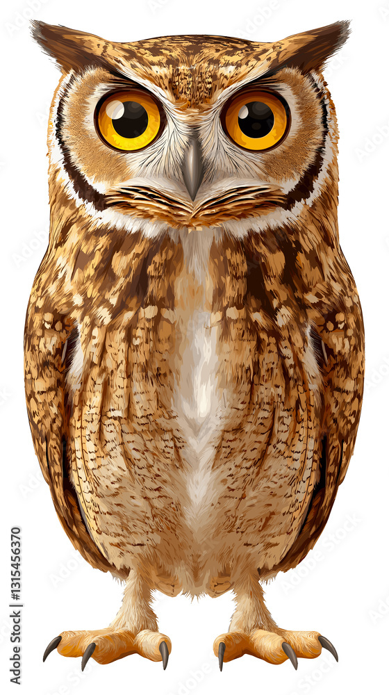 Fototapeta premium Majestic owl standing upright with striking yellow eyes on a clean background showcasing its detailed feathers and captivating presence