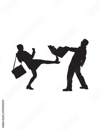 Obraz na płótnie Silhouette-style illustration depicts a dramatic scene where a woman is kicking a man, causing his briefcase or papers to fly out of his hands. w salonie