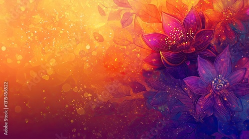 Vibrant floral illustration featuring stylized purple, orange, and yellow flowers with a bokeh background of light and color