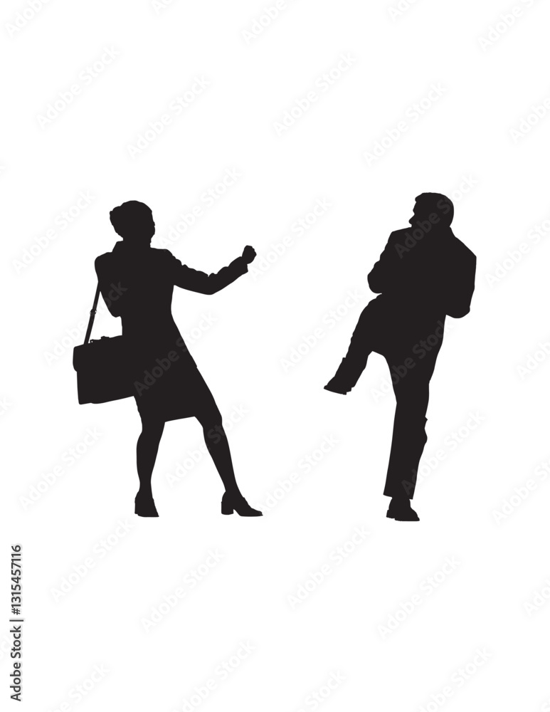 Silhouette illustration depicts a dramatic scene of a woman violance a man.