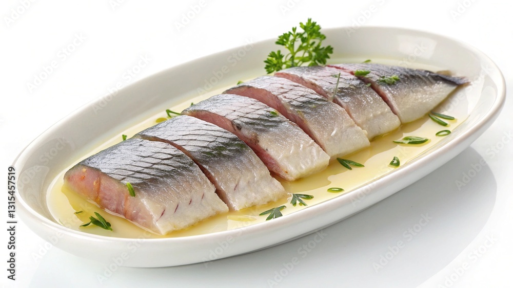 Pickled herring fillets served in oil with herbs Pickled herring fillets served in oil with herbs