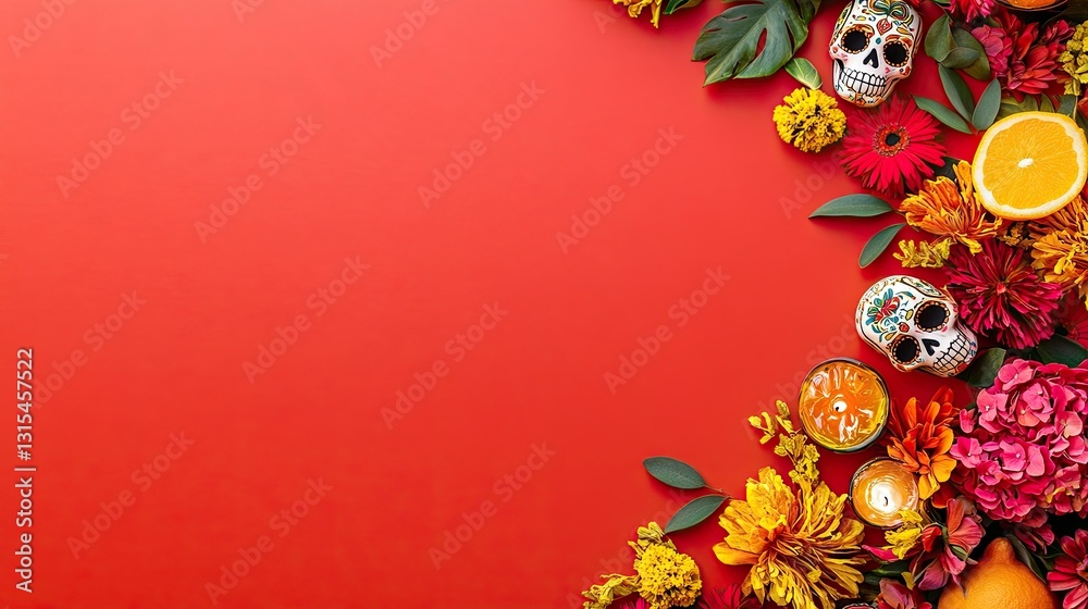 Day of the Dead arrangement on red background. Festive skulls, vibrant flowers, & candle create a celebratory scene Day of the Dead arrangement on red background. Festive skulls, vibrant flowers, & candle create a celebratory scene