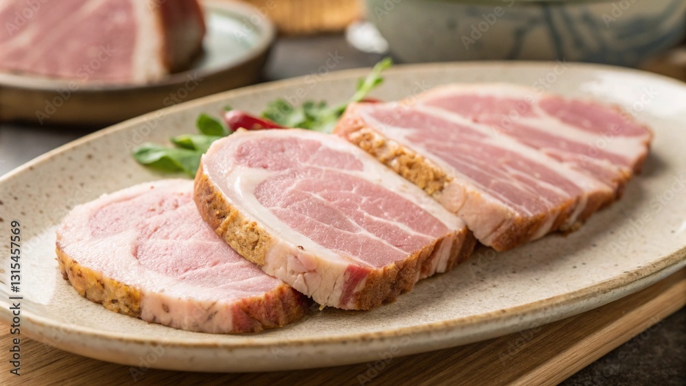 Sliced alpaca meat on a ceramic plate with herbs Sliced alpaca meat on a ceramic plate with herbs