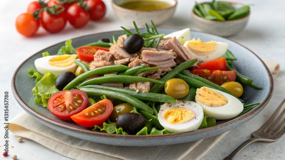 Fresh Niçoise salad with tuna, eggs, and vegetables on a plate Fresh Niçoise salad with tuna, eggs, and vegetables on a plate