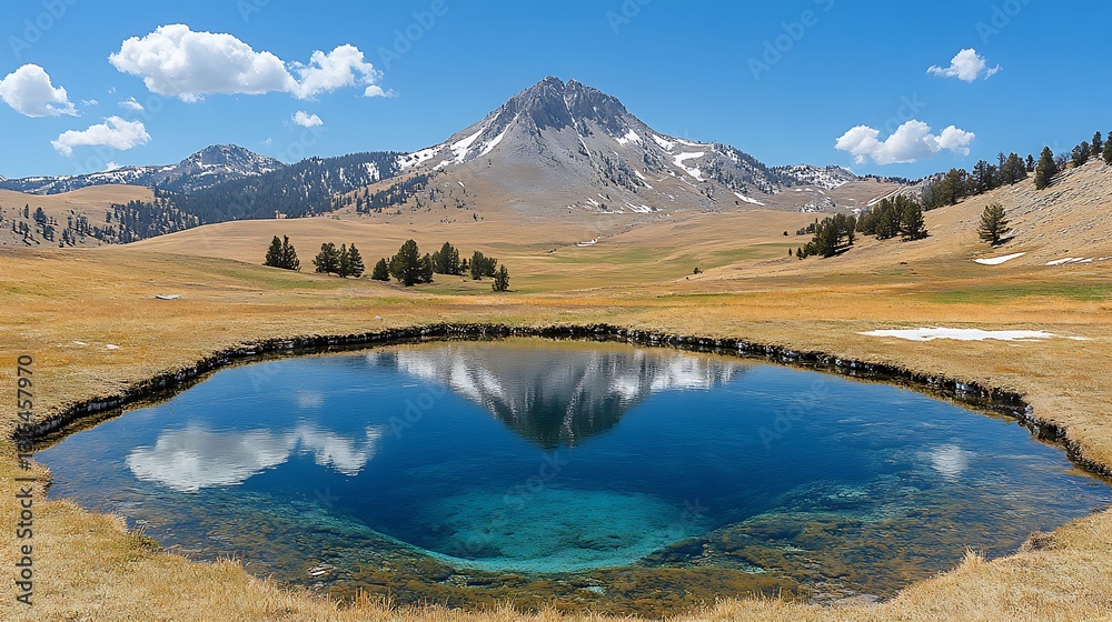 A partially frozen winter lake surrounded by snowy meadows, with soft, fluffy clouds overhead casting subtle shadows. A partially frozen winter lake surrounded by snowy meadows, with soft, fluffy clouds overhead casting subtle shadows.