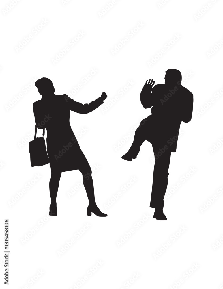 Silhouette illustration depicts a dramatic scene where a woman is kicking a man.