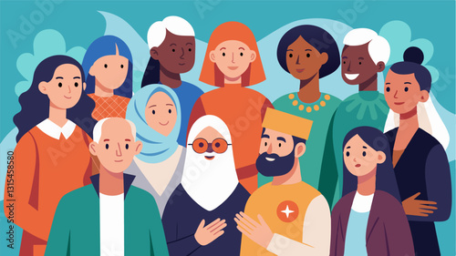 An interfaith circle where people of all ages races and backgrounds come together to celebrate their differences and find common ground.. Vector illustration