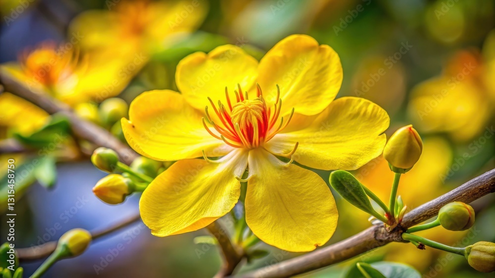 Fototapeta premium Close-up of Ochna integerrima flower in vibrant yellow, with intricate details and soft petals , yellow, botanical, yellow
