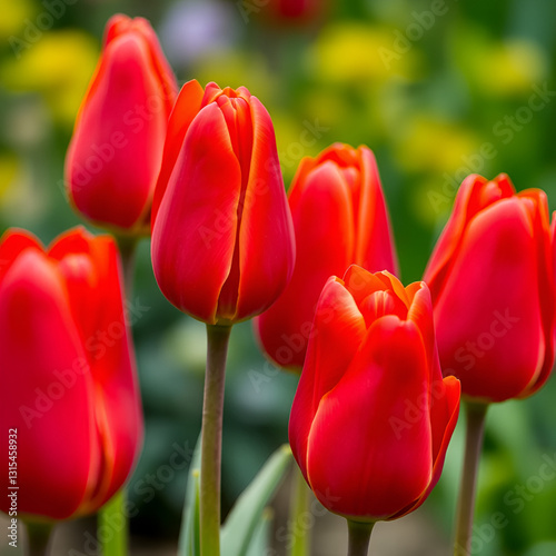 A row of bright red tulips with incompletely opened buds with translucent petals on a blurred background. photo