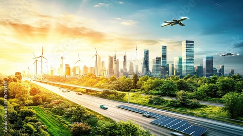 Sustainable Metropolis Wind Turbines, Solar Panels, Highway, Modern Skyscrapers, Green Trees, Plane flying by at sunset