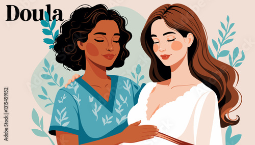 Doula support pregnant woman. Vector poster