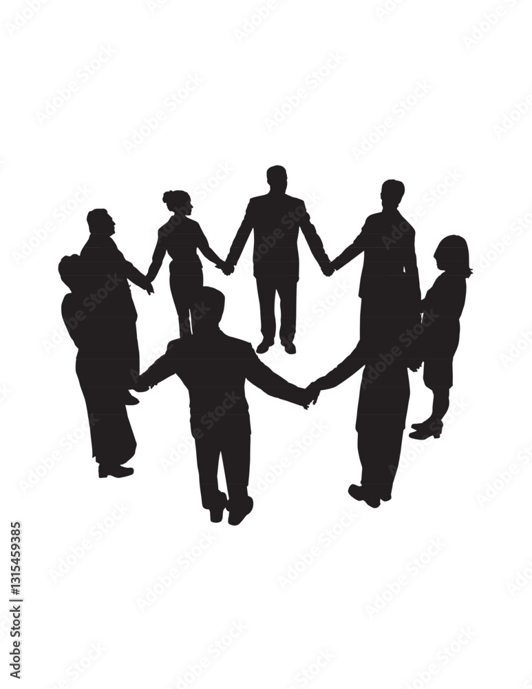 Silhouette illustration of a group of people standing in a circle, holding hands.