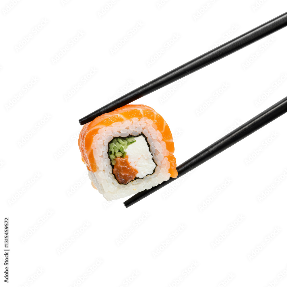 Sushi roll with salmon, shrimps and avocado isolated on transparent background, PNG Sushi roll with salmon, shrimps and avocado isolated on transparent background, PNG