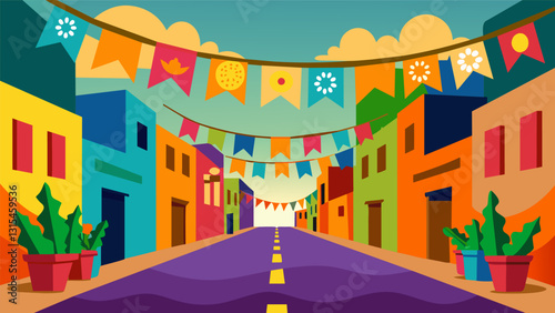 The streets are decorated with colorful papel picado banners symbolizing the joy and vibrancy of the holiday season.. Vector illustration