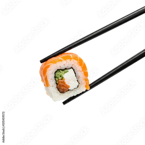 Sushi roll with salmon, shrimps and avocado isolated on transparent background, PNG 