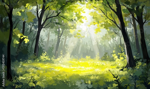 Sunlight filters through trees in a serene forest landscape.