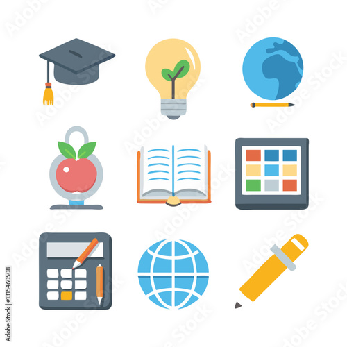 Education & Innovation Icons: A colorful collection of educational icons representing learning, knowledge, and academic pursuits. Includes a graduation cap, lightbulb with a plant, globe, open book.