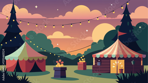 As the sun sets the local arts and crafts fair transforms into a magical wonderland with string lights adorning the vendor booths and ling in the trees.. Vector illustration
