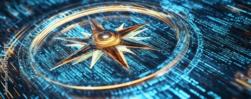 A golden and blue compass illustration depicting data and direction
