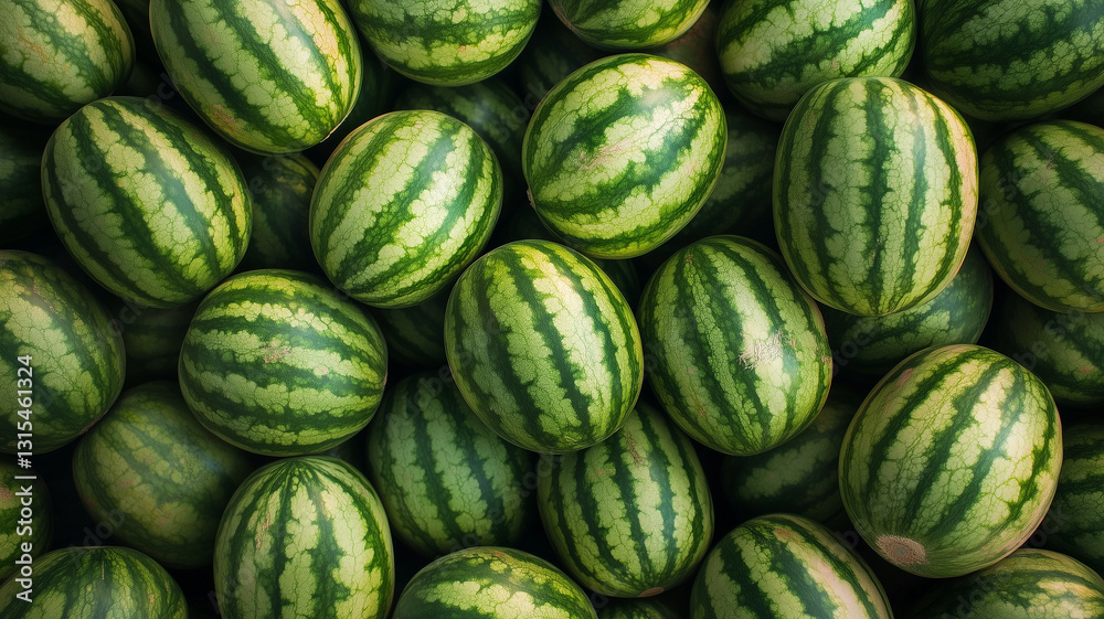 Fresh watermelons with green striped rinds piled together in a market setting, creating a vibrant and natural fruit texture pattern Fresh watermelons with green striped rinds piled together in a market setting, creating a vibrant and natural fruit texture pattern