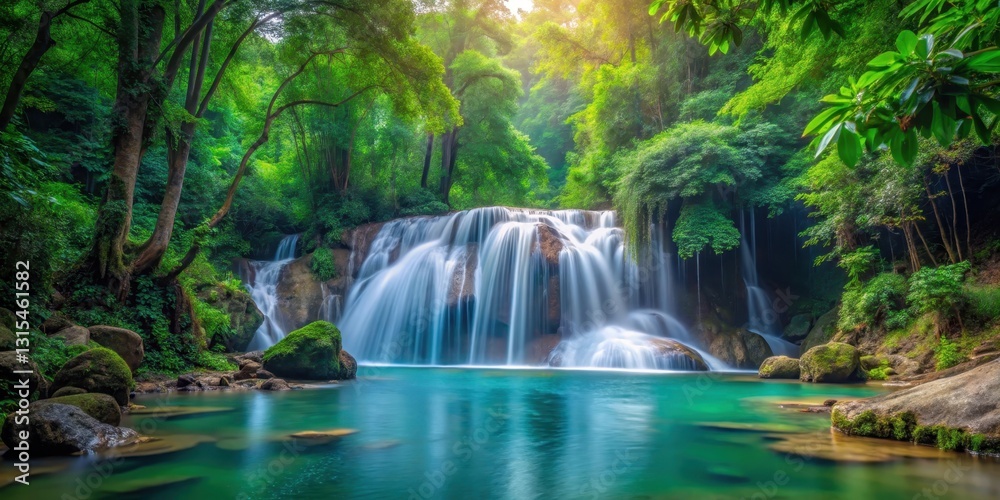 Fototapeta premium waterfall in dense forest, natural scenery, peaceful environment