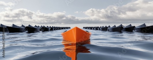 Bright orange boat positioned differently from other dark boats
