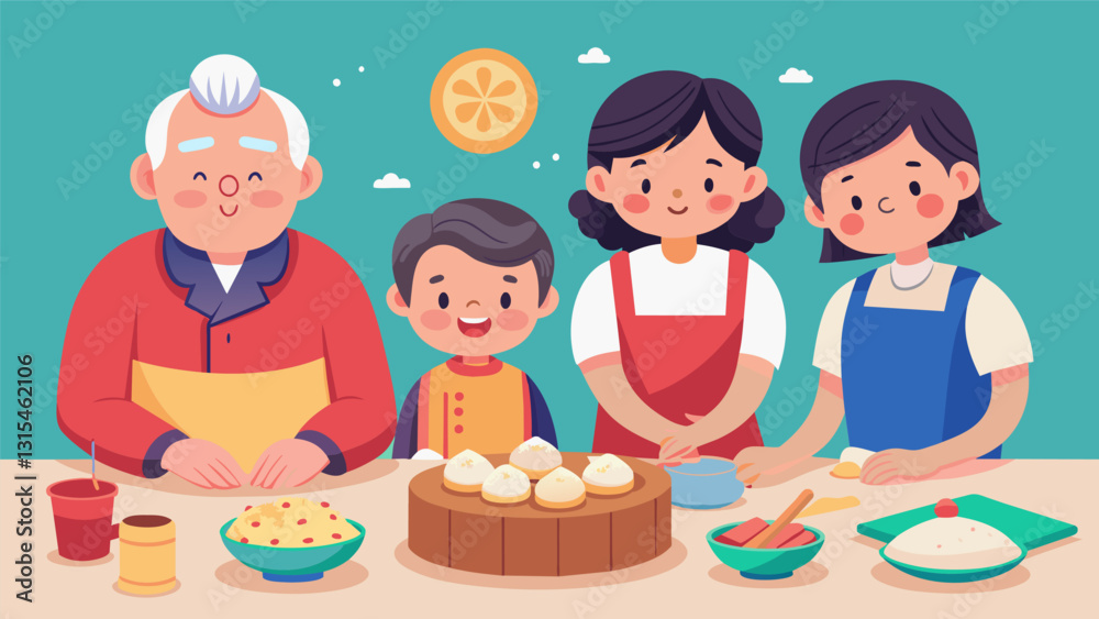 A young child surrounded by elders eagerly watching as they roll dough for homemade dumplings sharing stories of their familys traditional Chinese cooking techniques.. Vector illustration A young child surrounded by elders eagerly watching as they roll dough for homemade dumplings sharing stories of their familys traditional Chinese cooking techniques.. Vector illustration