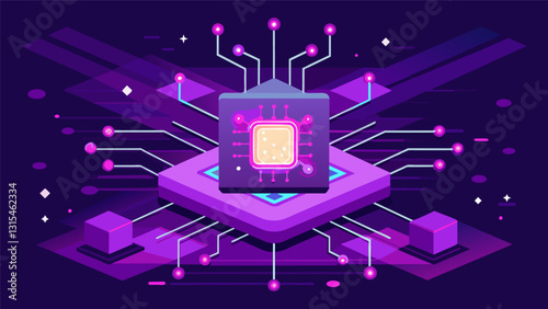 The quantum computer hummed with energy its processors glowing with a vibrant purple hue as it devoured data at an astonishing rate.. Vector illustration