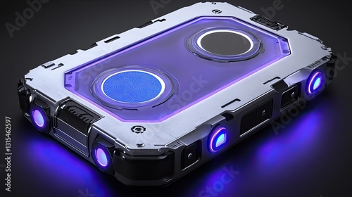 Futuristic audio cassette, glowing lights, dark background