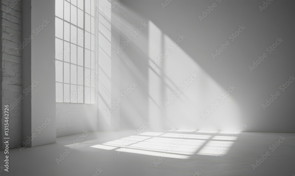 White minimalistic room with blank walls and sunlight streaming through windows. Sun rays and shadows background.